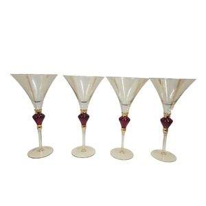 Lot Of 4 New Pier 1 Amber Luster Red Jewel Gold Martini Cocktail Glasses